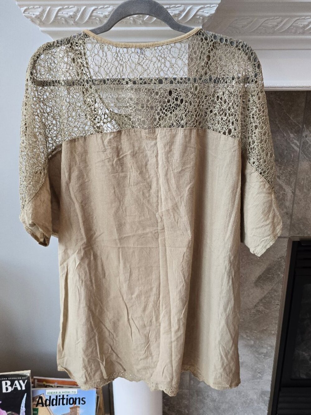 Vintage Fred Thomas Boho Crochet Top, Beige Ramie Cotton Blend Lace V-Neck Tunic